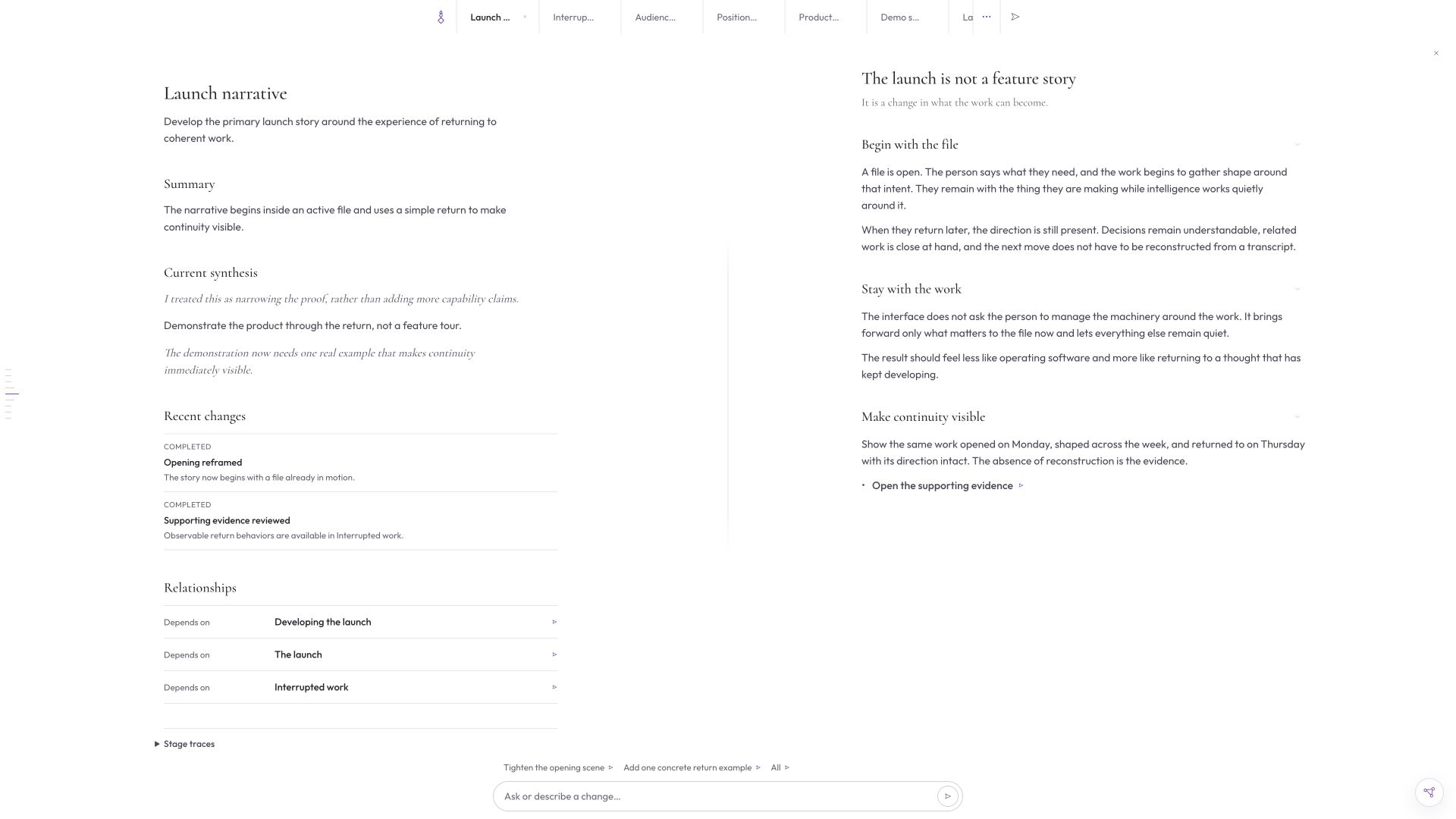 The same file with its purpose, recent changes and open questions beside it