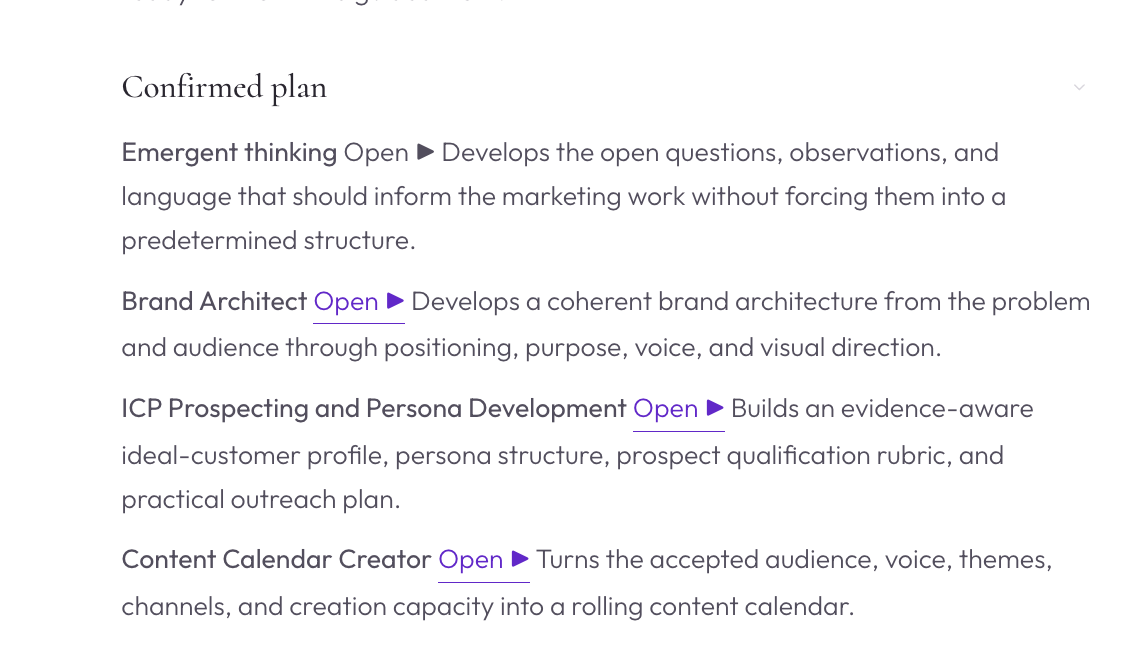 A confirmed plan of named workflows, each recommended from work already done