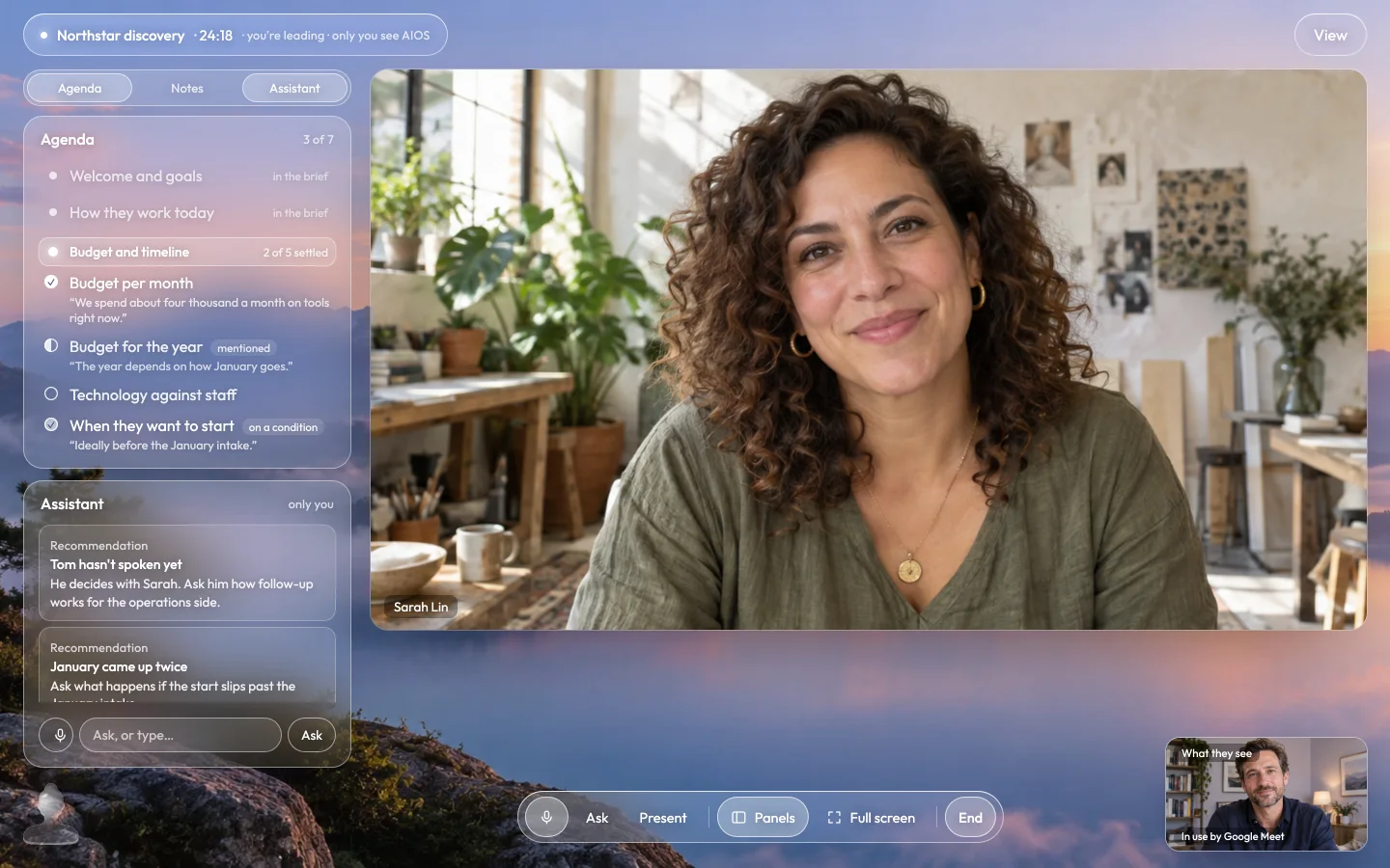 Leading the Northstar discovery call: the video call, and beside it the agenda, where each point is settled, mentioned, or settled on a condition, with the words it came from.