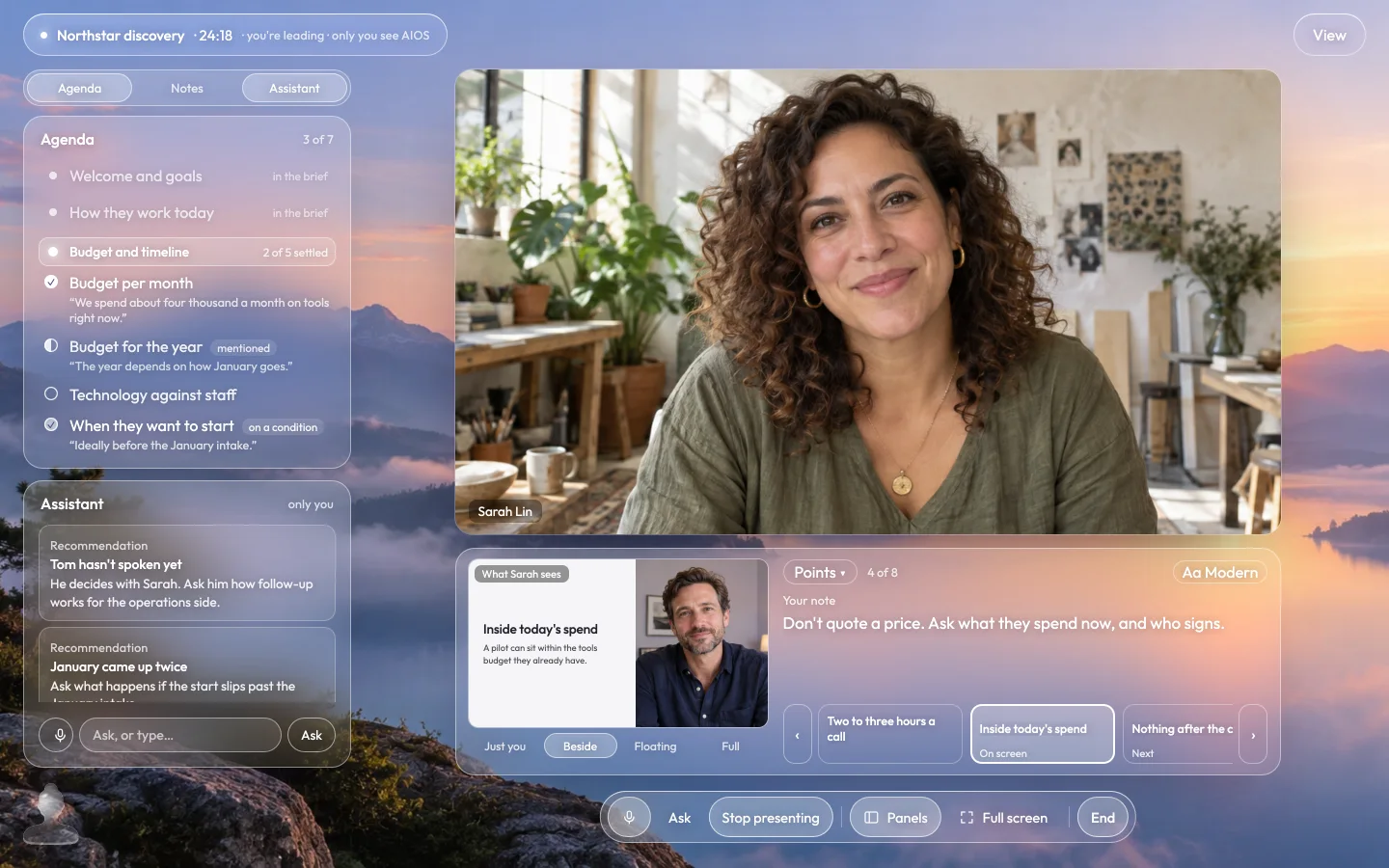 Presenting: beneath the call, what Sarah sees, your private note, and the points you can show next.