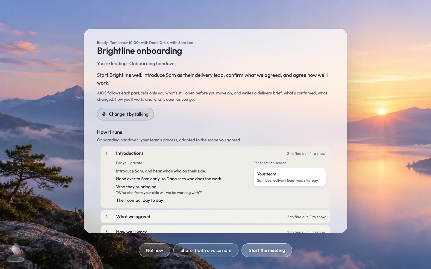 The prepared Brightline onboarding: its purpose, how it runs part by part, and for the first part your private guidance beside what the client will see on screen.