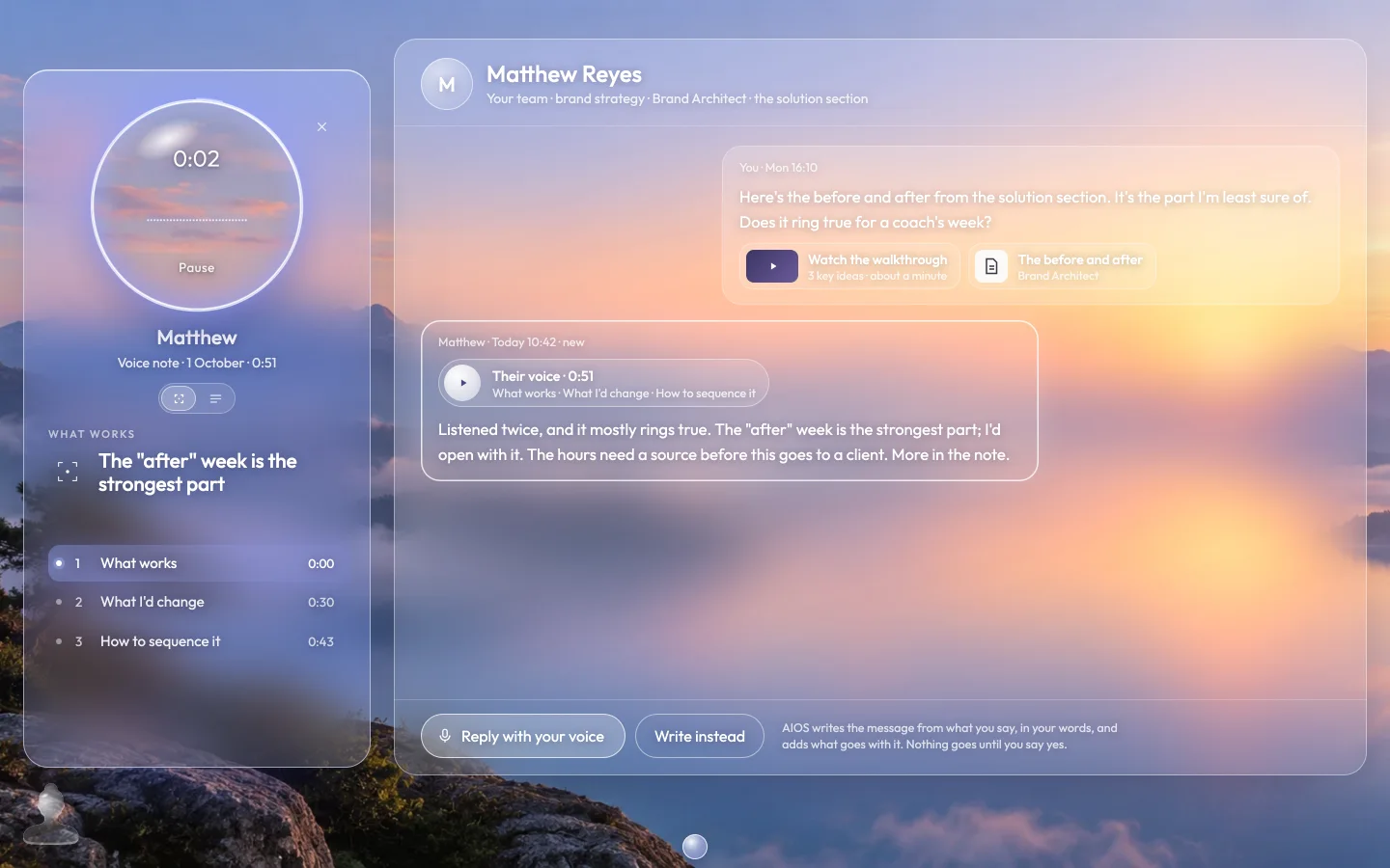 Listening to Matthew's voice note: as it plays, its key points show, topic by topic.
