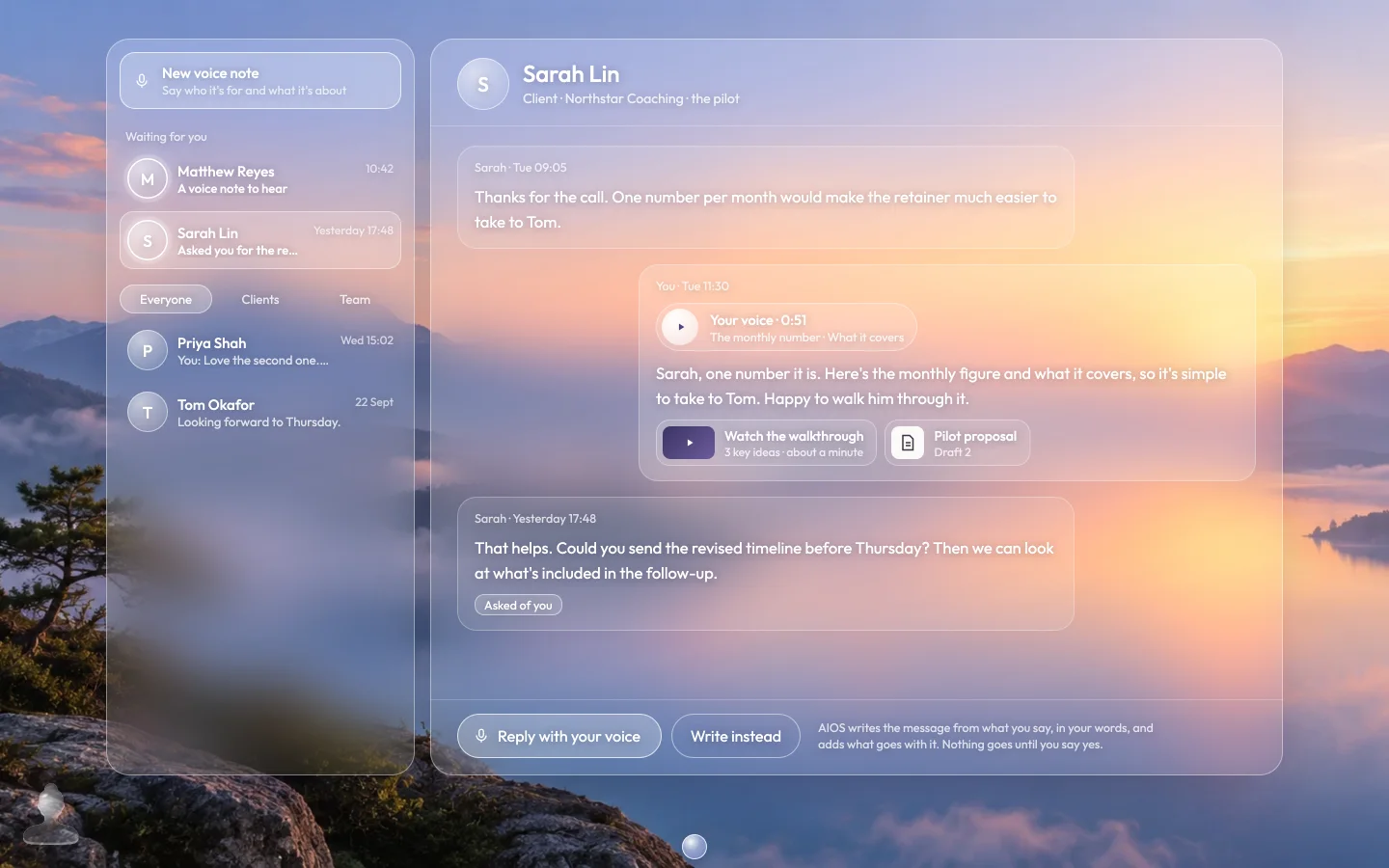 A conversation with Sarah: a voice note sent as one package, with its message, the walkthrough, and the pilot proposal.